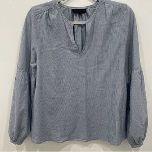 Nili Lotan Top Size Small Blue White Stripped V Neck Button Closure Long Sleeve